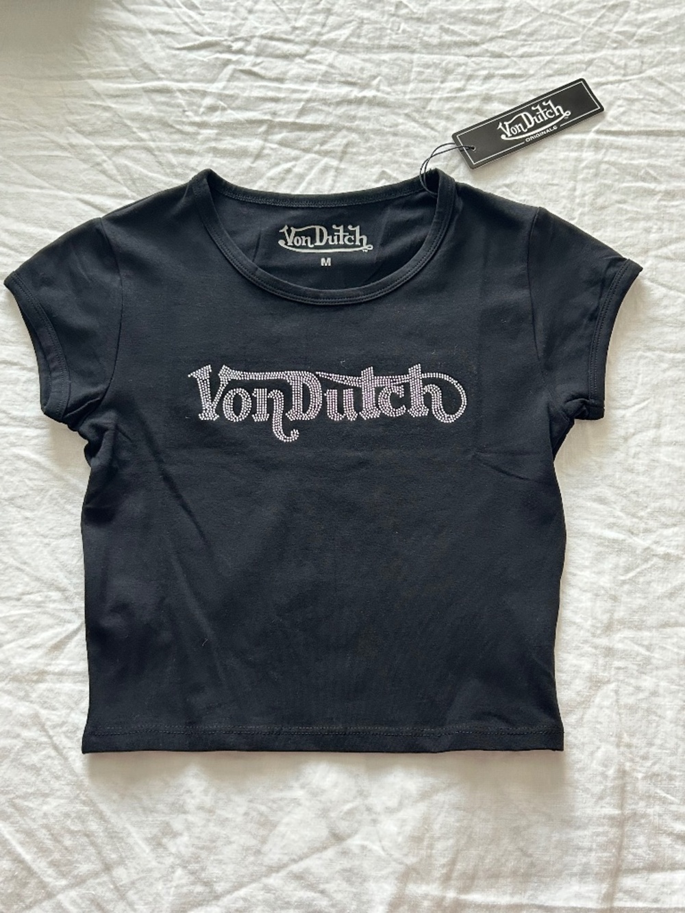 Von Dutch Black and Clear Rhinestone Baby Tee
